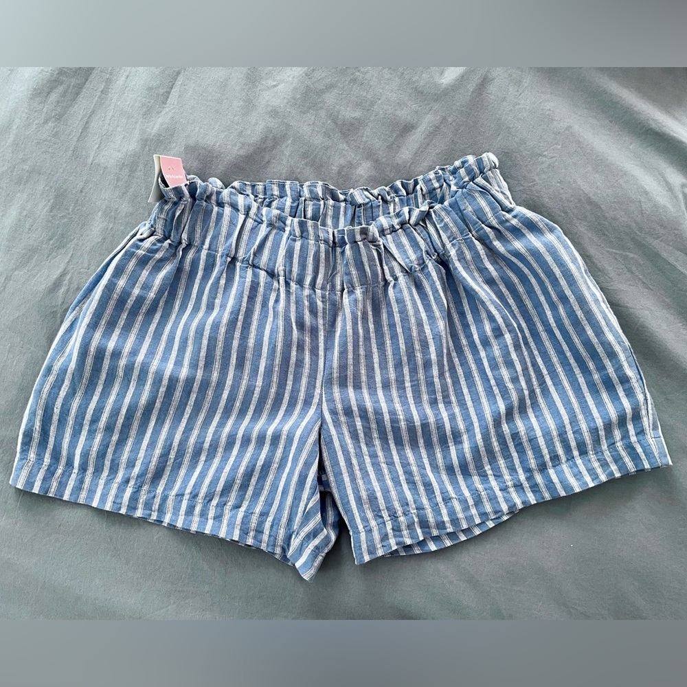 The Nines by HATCH Paper Bag Linen Maternity Shorts - Blue Striped Size Small
